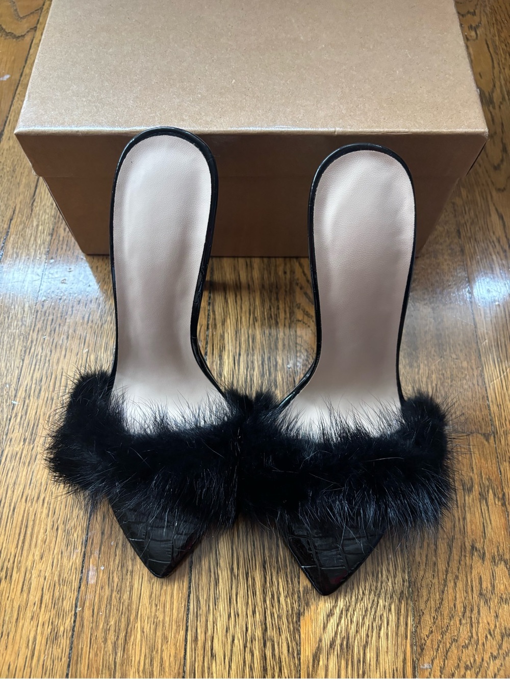 Faux Fur Black Slide Heels, Size 37. Unworn - Picture 4 of 5